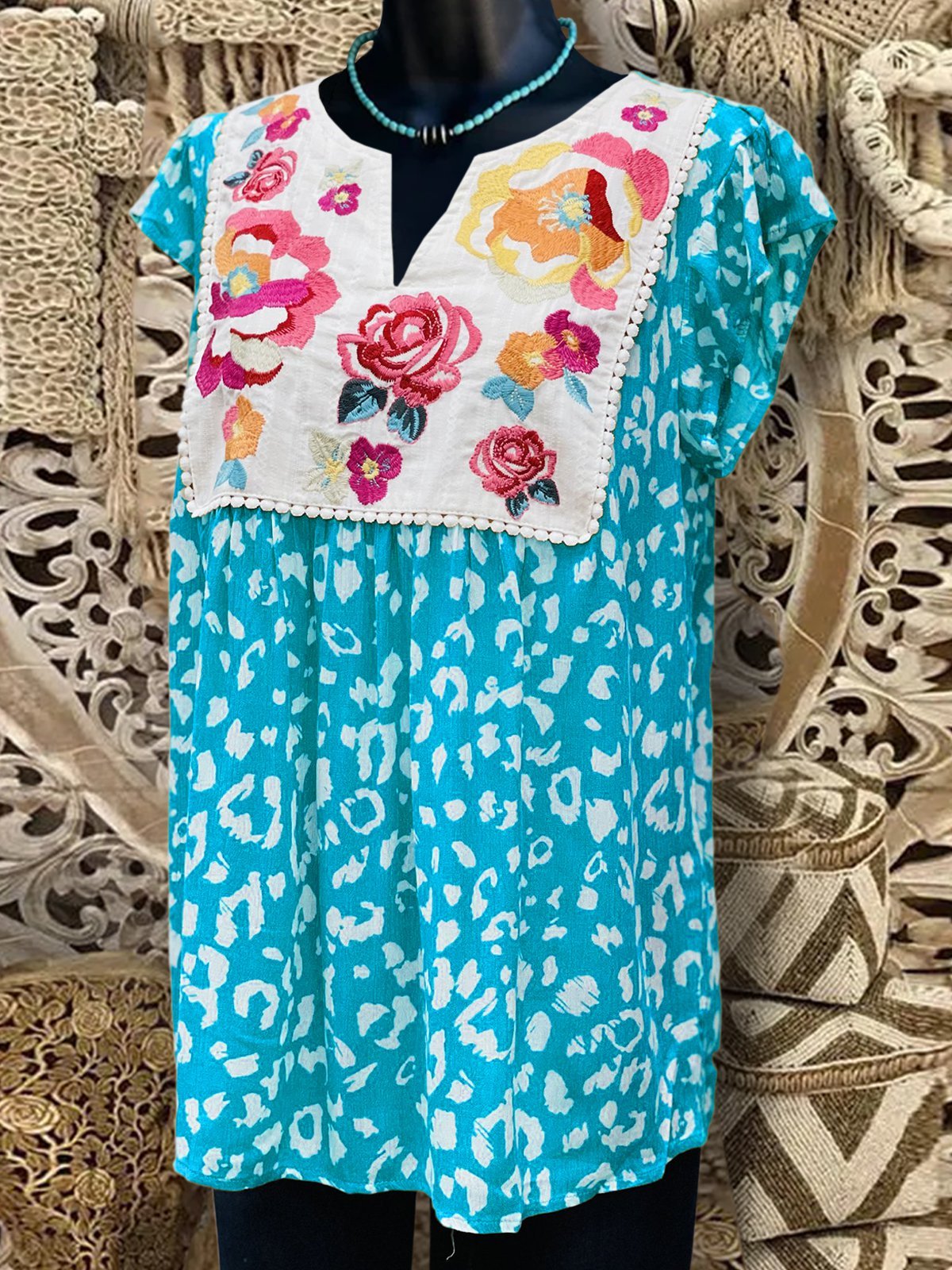 Short Sleeve Printed Shift V Neck Shirts & Tops