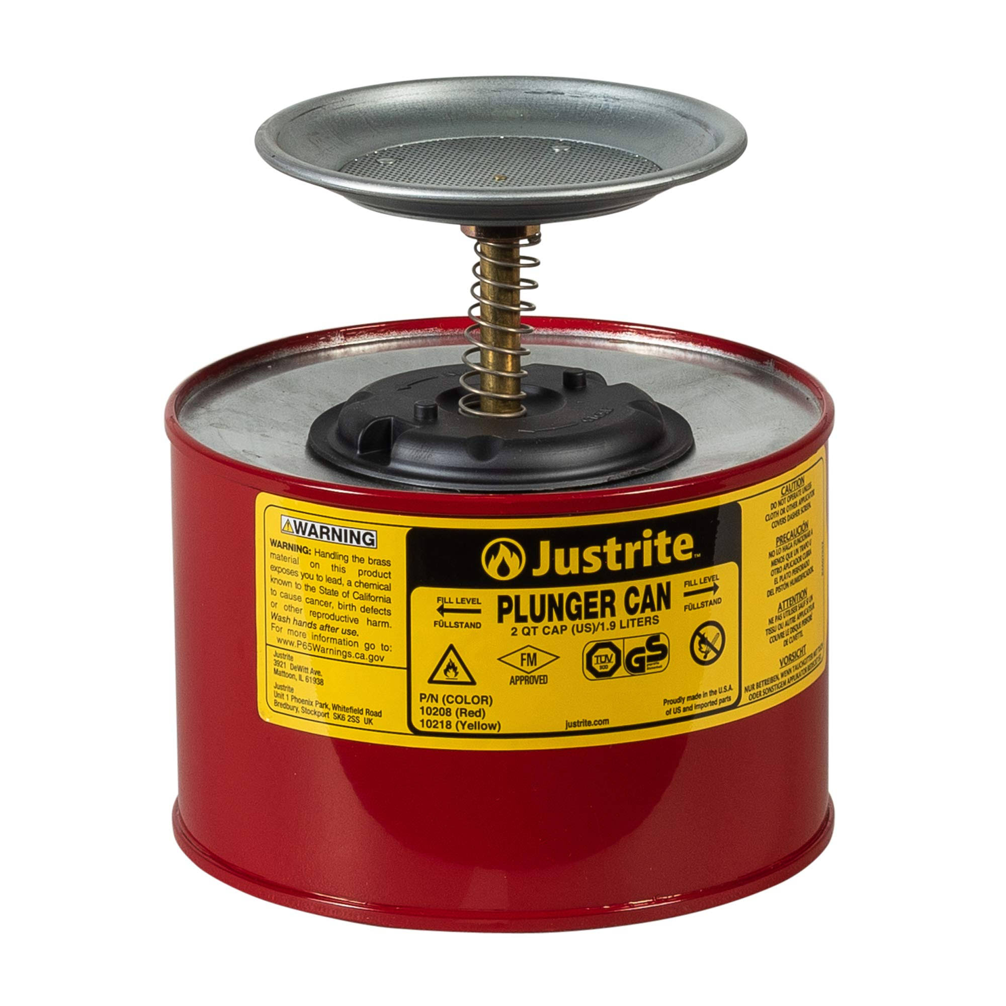 Justrite 10208 - 2 Quart Steel Plunger Can