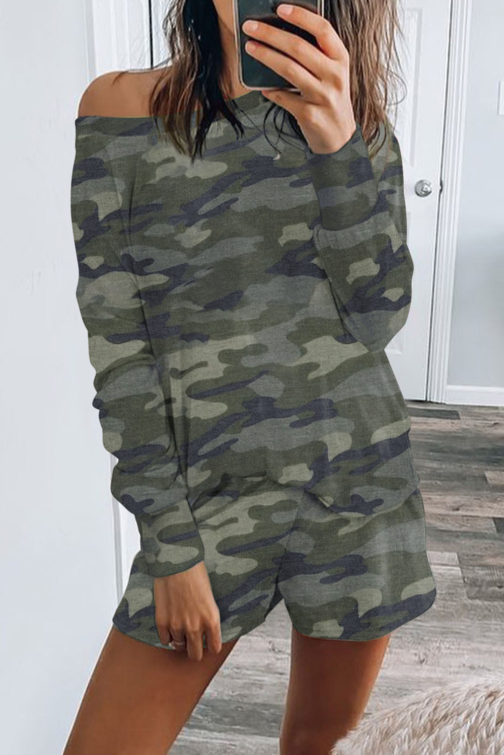 经典迷彩印花长袖上衣抽绳短裤休闲家居服