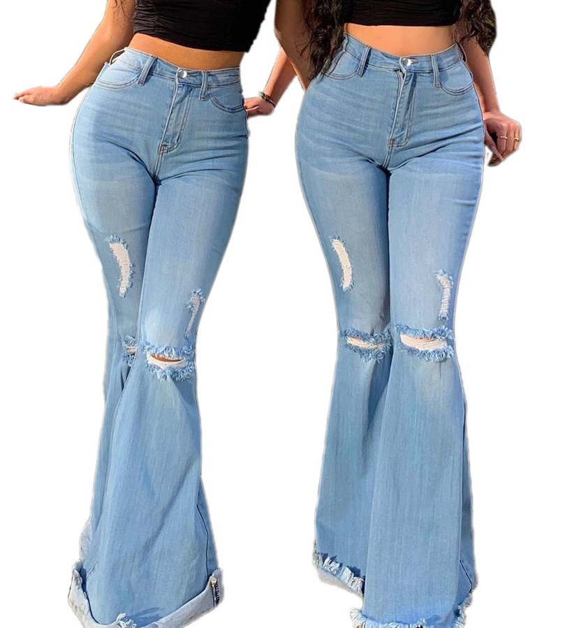 Autumn High Waist Blue Ripped Flare Jeans