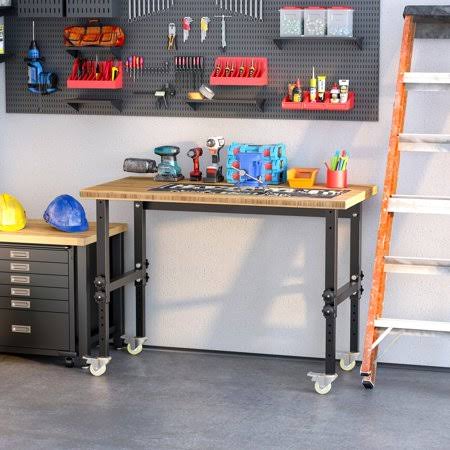 47 inch Mobile Workbench, Bamboo Tabletop Workstation, Height Adjustable Work Table with Four Lockable Casters, Size: 23.5