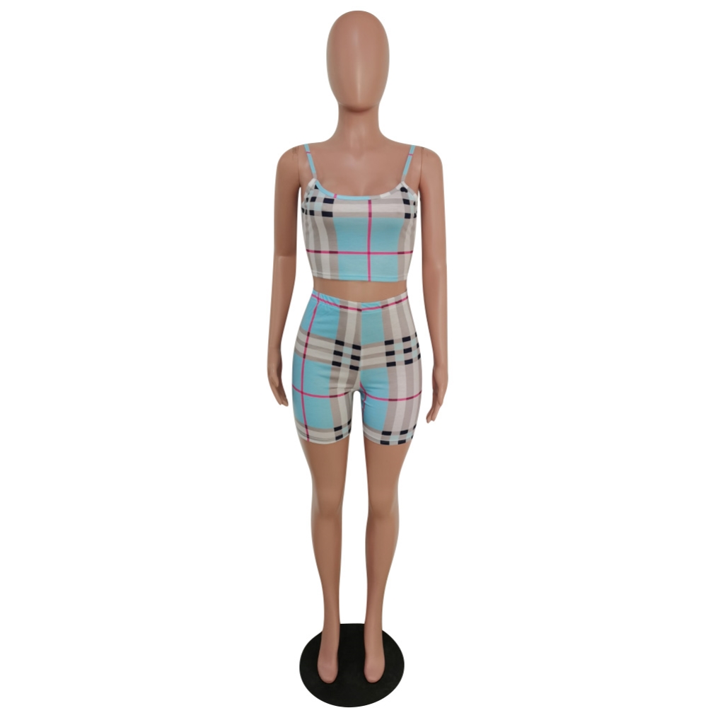 Plaid Print Sexy Strap Crop Top and Biker Shorts Set