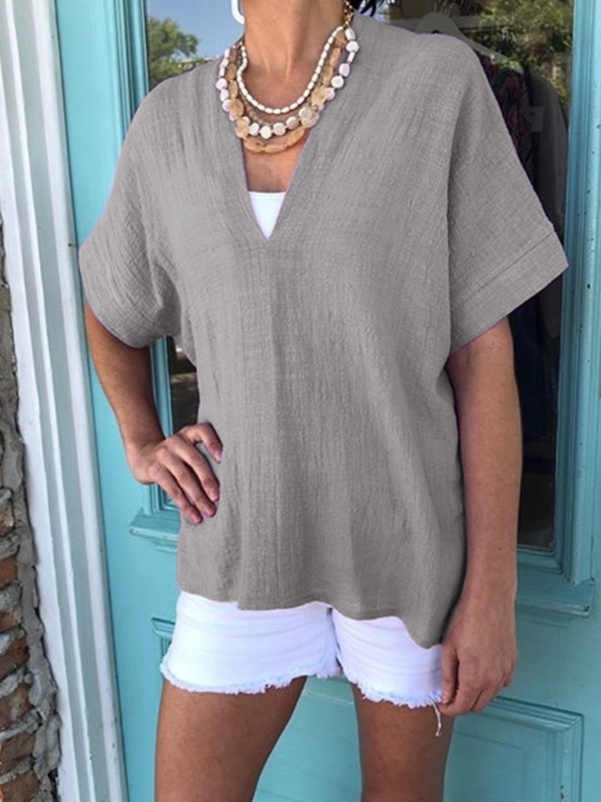 Women Casual V Neck Tops Tunic Blouse Shirt