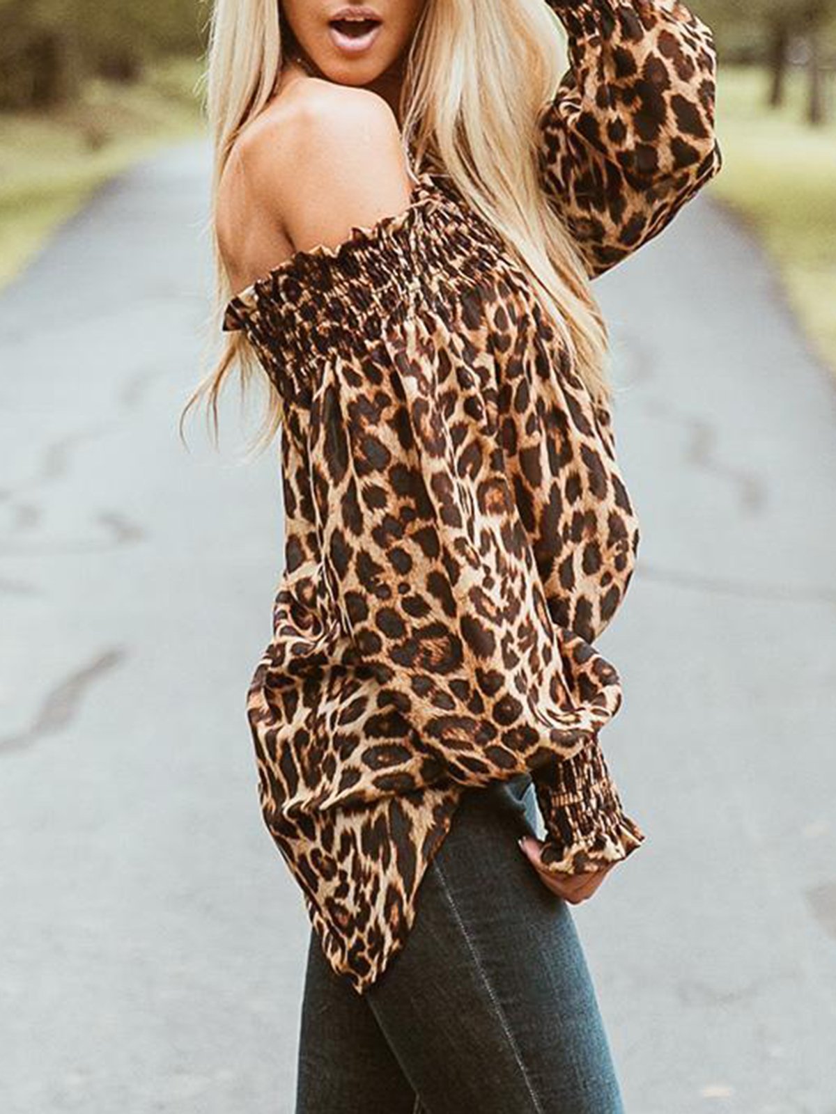 Long Sleeve Off Shoulder Leopard Print Gathered Blouse & Shirts