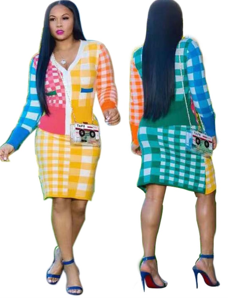 Colorful Plaid Long Sleeve Top and Midi Skirt Set