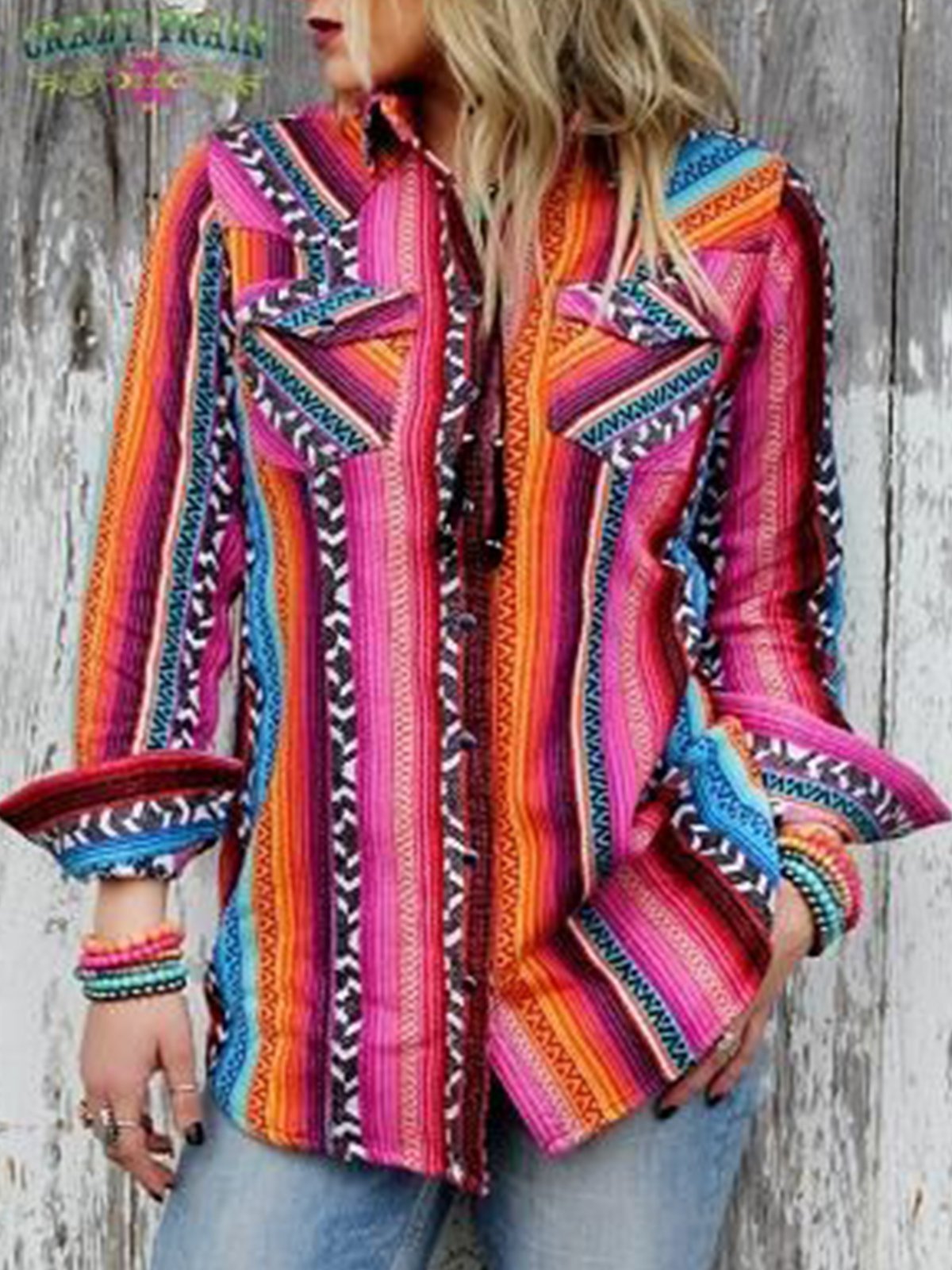 Multicolor Boho Shirt Collar Color-Block Striped Shirts & Tops