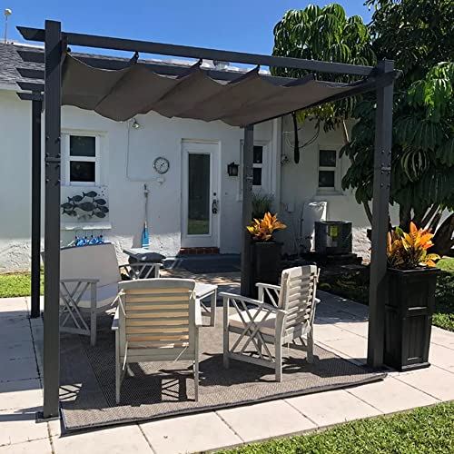 PURPLE LEAF 10�� X 10�� Outdoor Retractable Pergola with Sun Shade Canopy Patio Metal Shelter for Garden Porch Beach Pavilion Grill Gazebo Modern Yard Grape Trellis Pergola, Gray