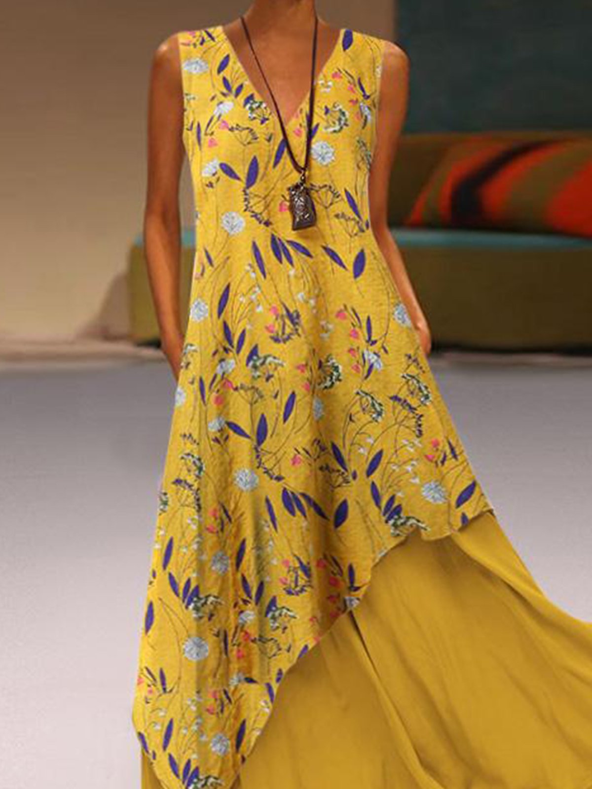 Yellow V Neck Sleeveless Cotton-Blend Dresses