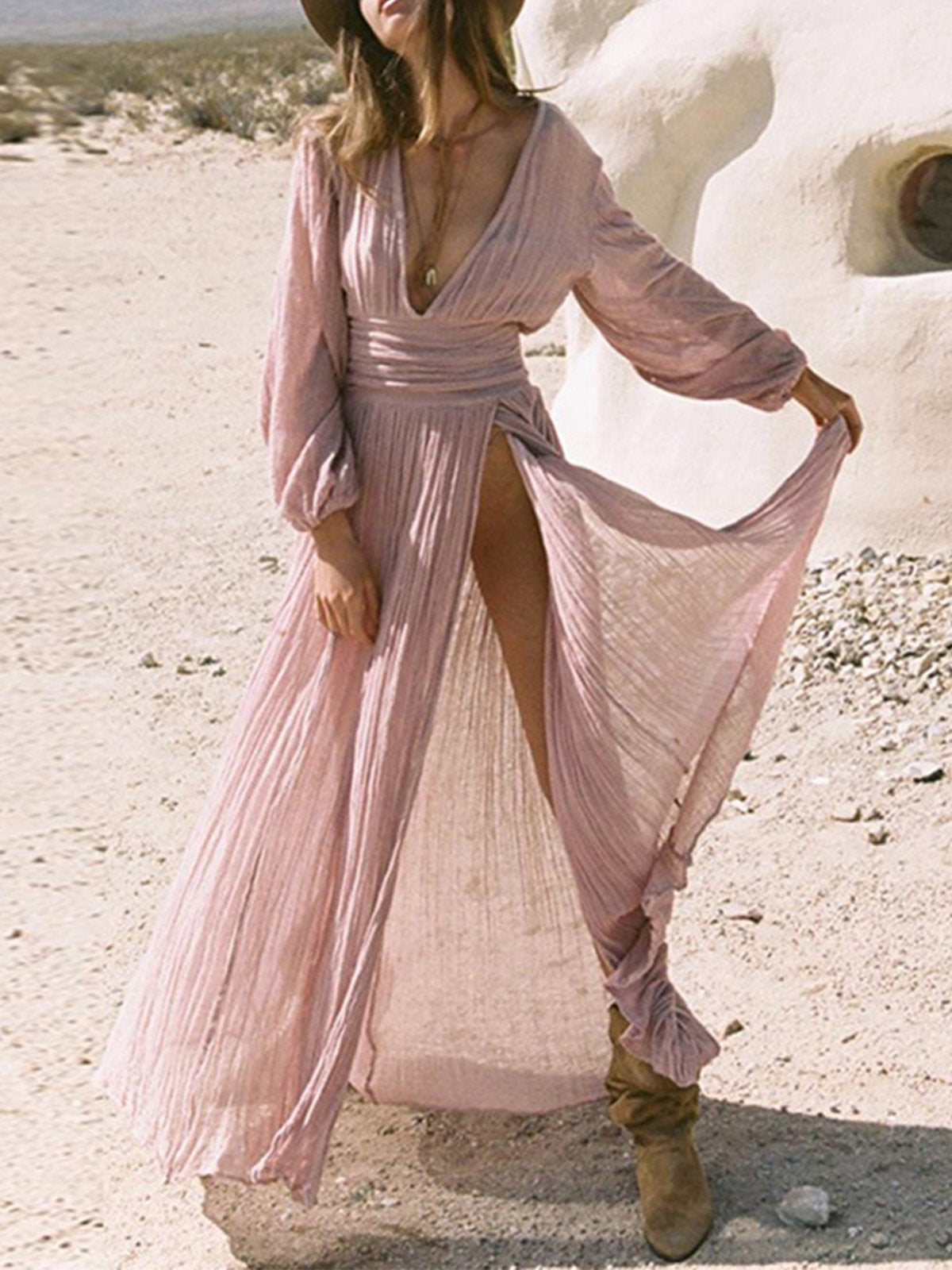 Balloon Sleeve Solid V Neck Maxi Dresses