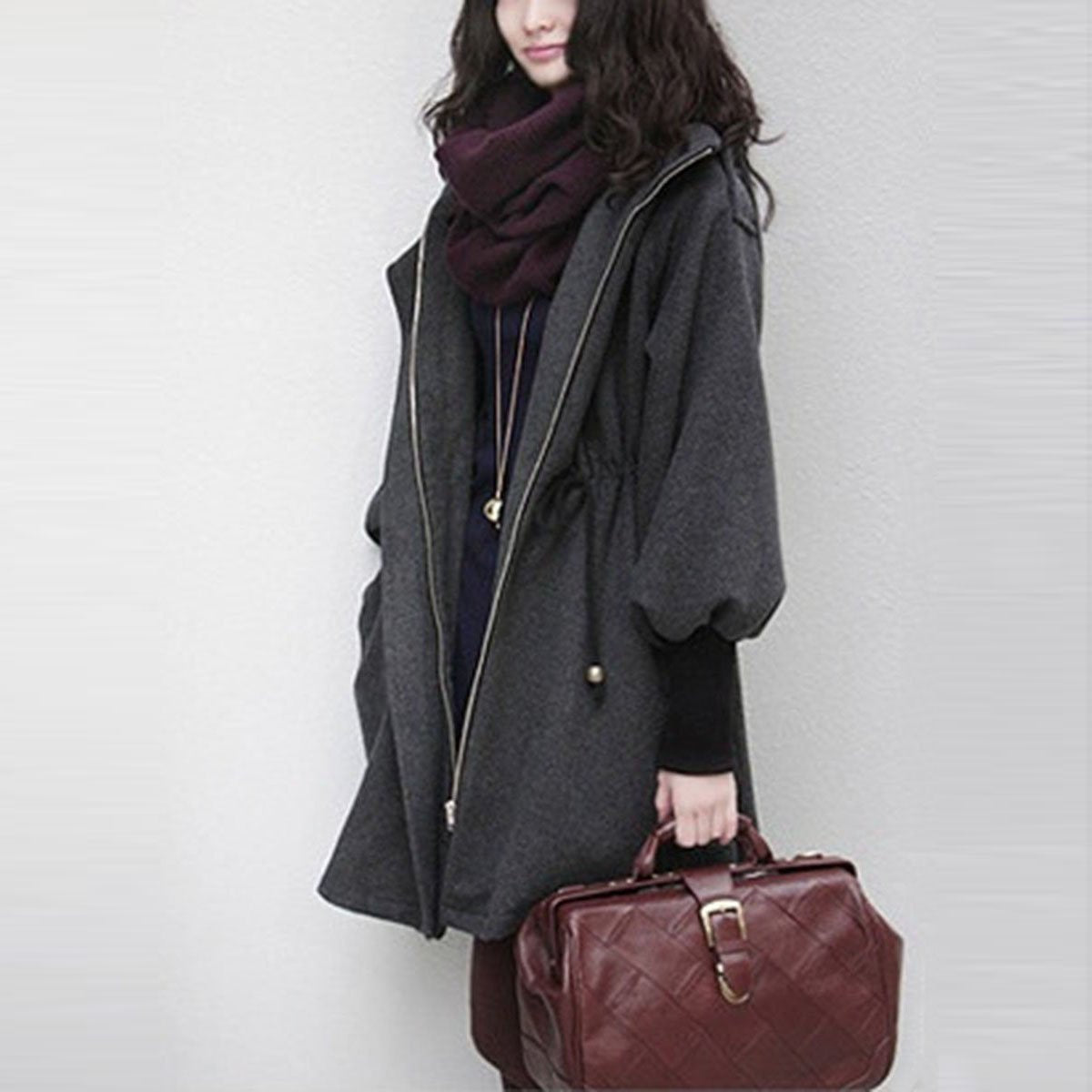 Hooded  Drawstring  Plain  Batwing Sleeve Coat