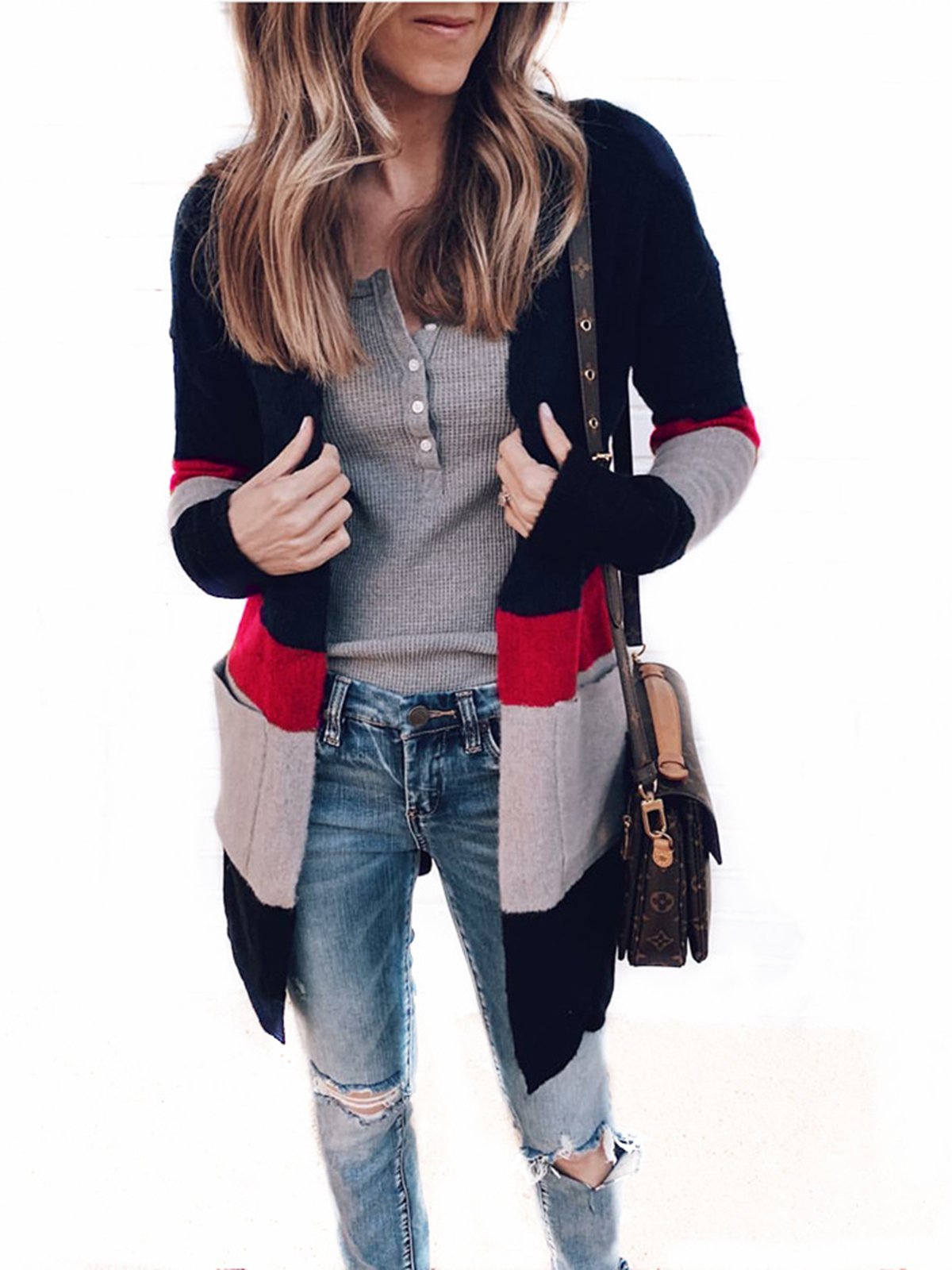 Long Sleeve Color-Block Striped Cardigans