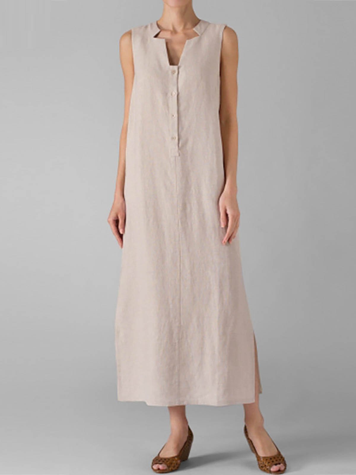V Neck Cotton Basic Sleeveless Shift Casual Dress