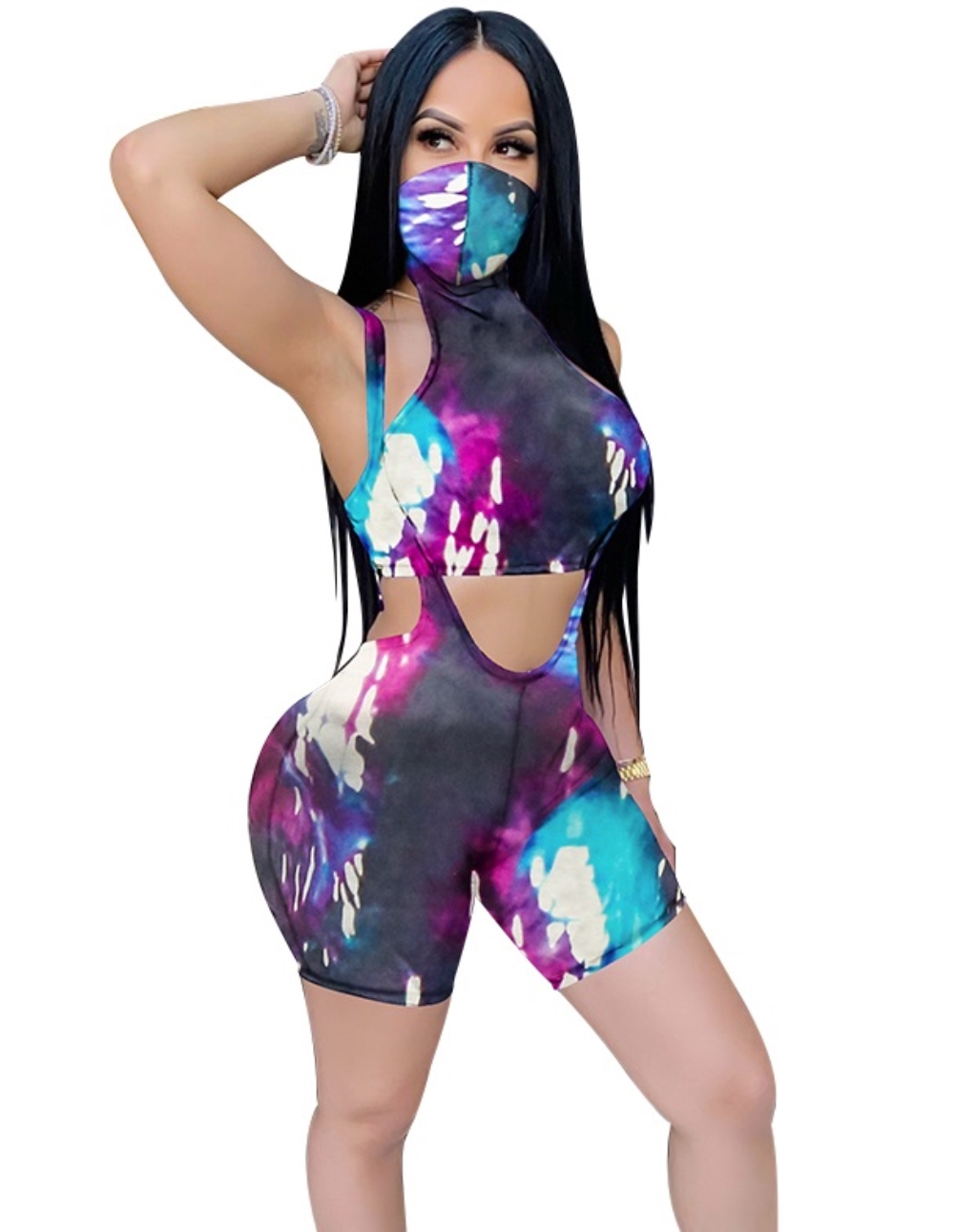 Sexy Two Piece Suspender Biker Short Set with Face Cover