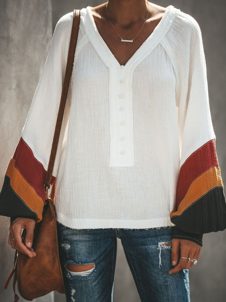 Paneled V Neck Bell Sleeve Casual Blouse&shirts