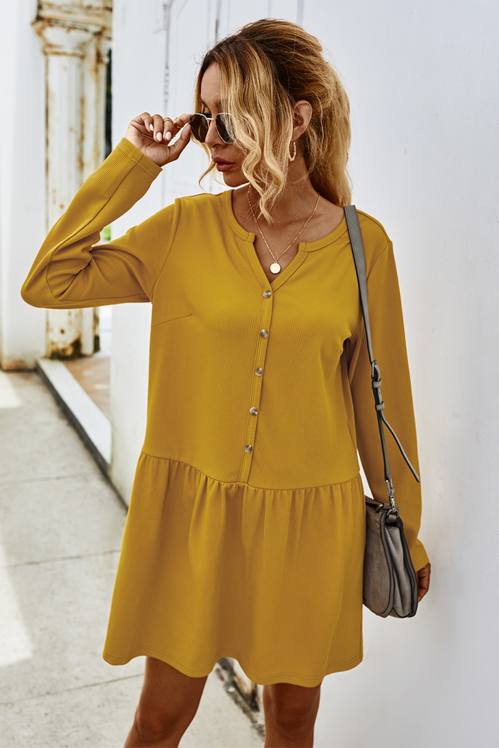 Autumn Plain Long Sleeve Short Casual Dress