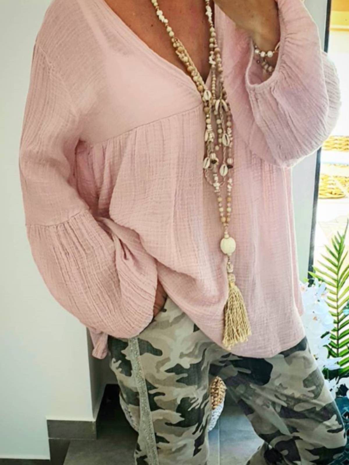 Balloon Sleeve Casual V Neck Shirts & Tops