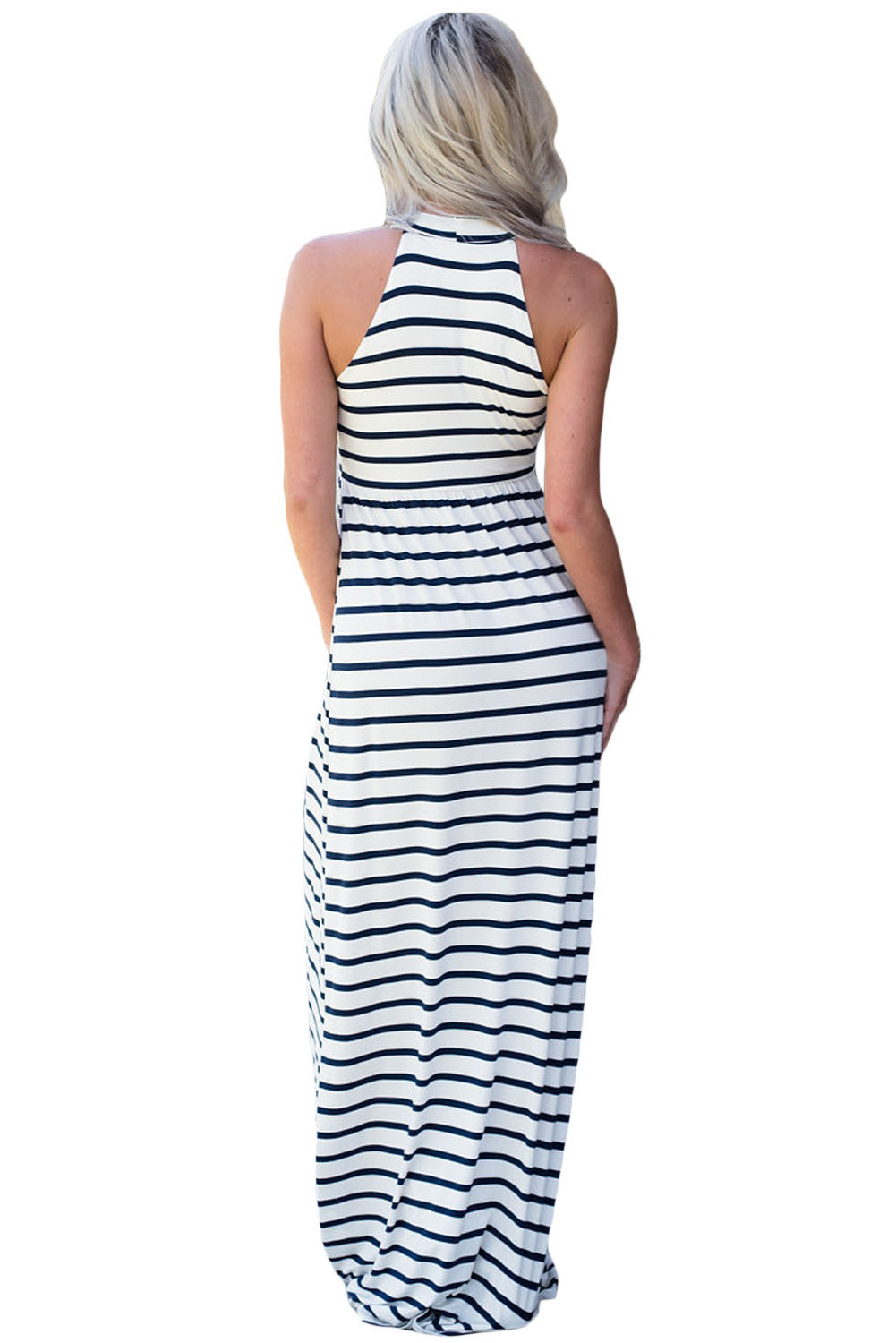 Navy Striped High Neck Sleeveless Maxi Dress