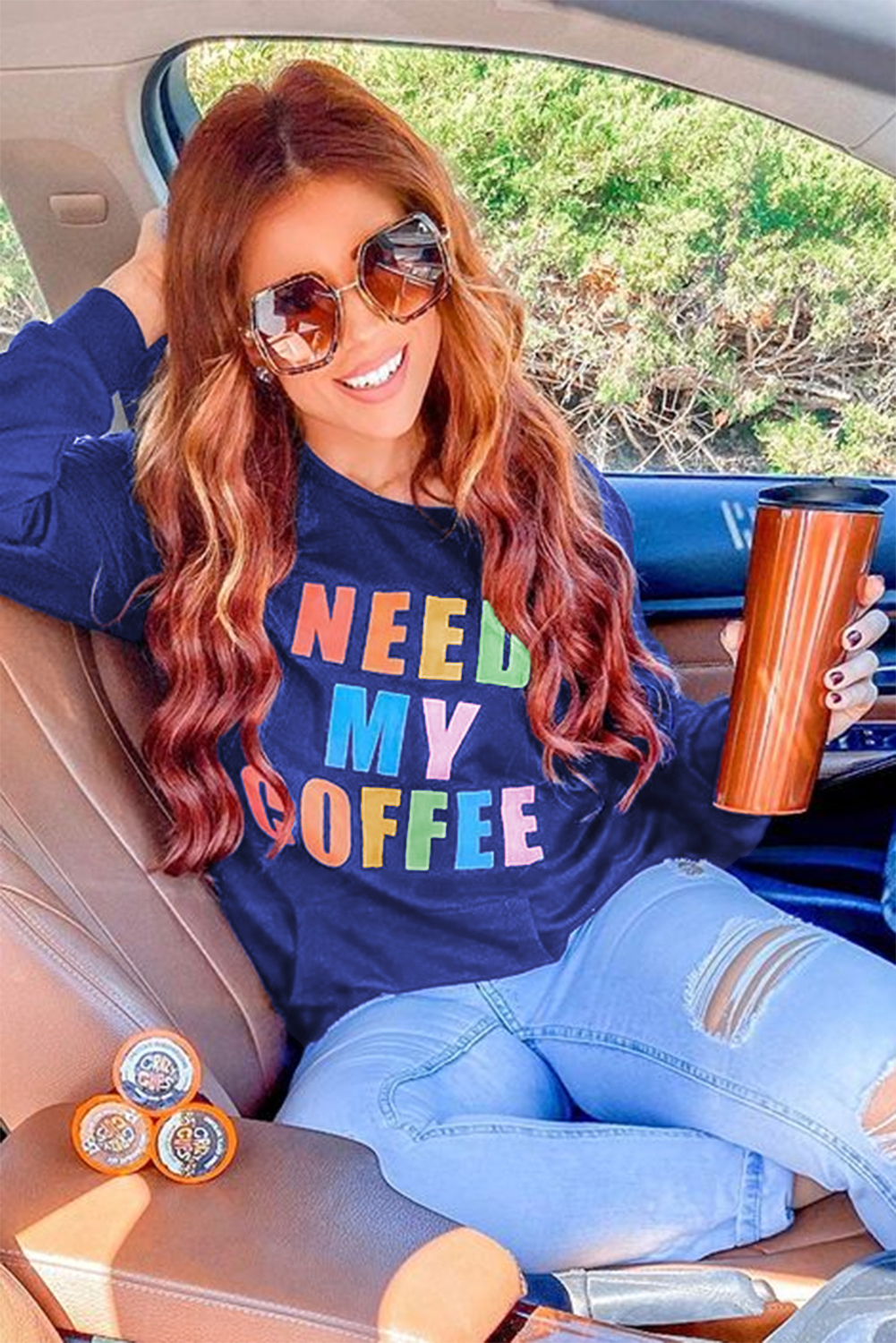 休闲圆领长袖字母大口袋深蓝色套头卫衣