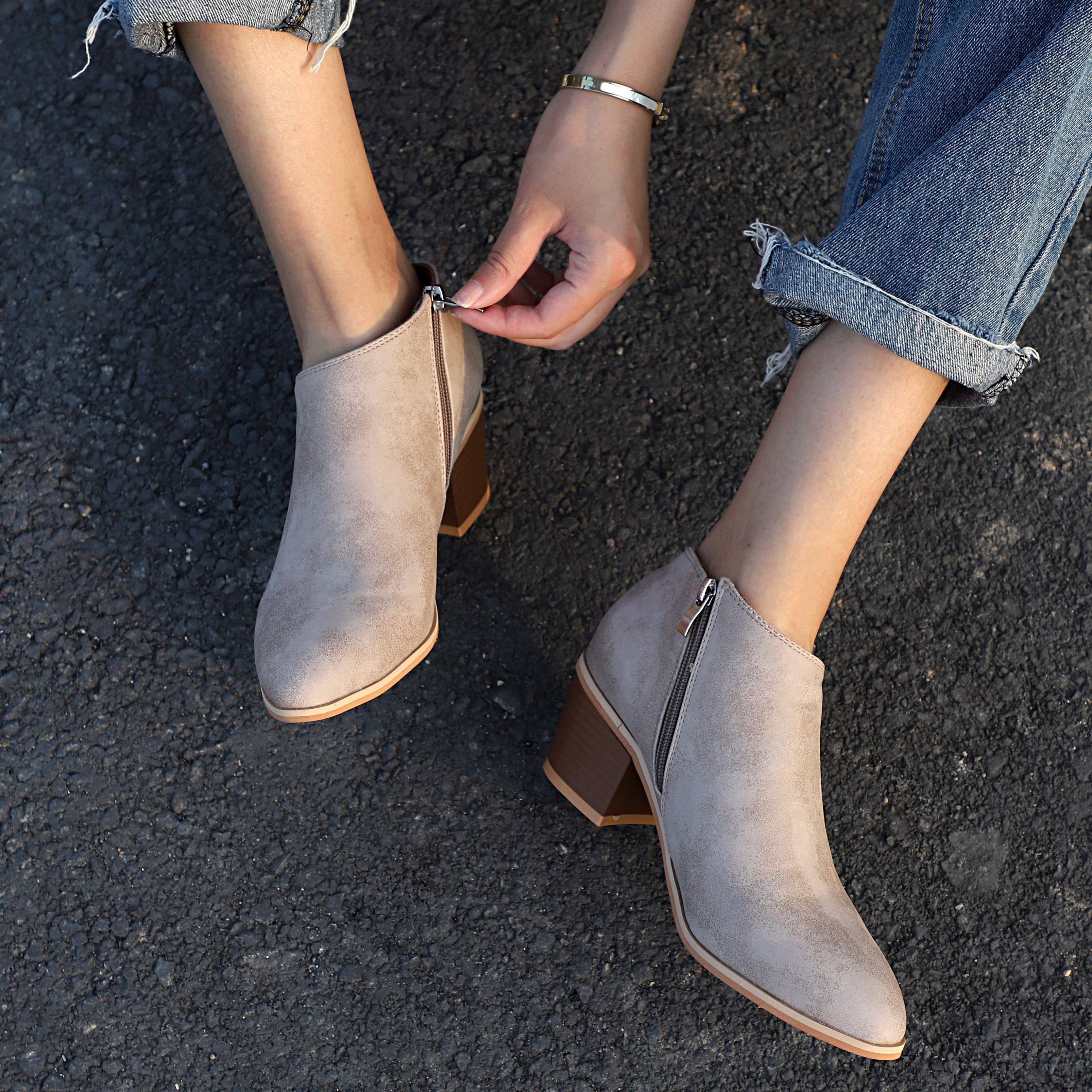 Women Cowhide Leather Martin Booties Plus Size Chunky Heel Shoes