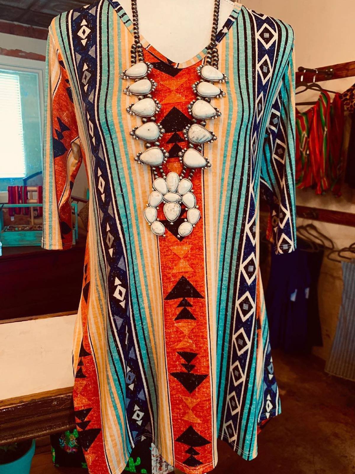 Multicolor Tribal V Neck Cotton-Blend Half Sleeve Plus Size Blouse