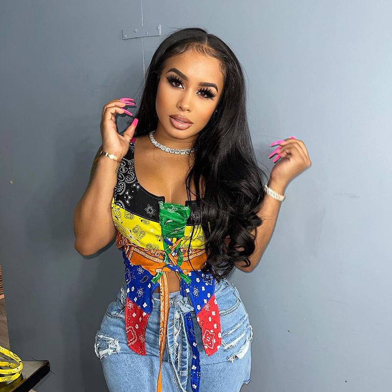 Sleeveless colorblock floral lace-up top A21TP183