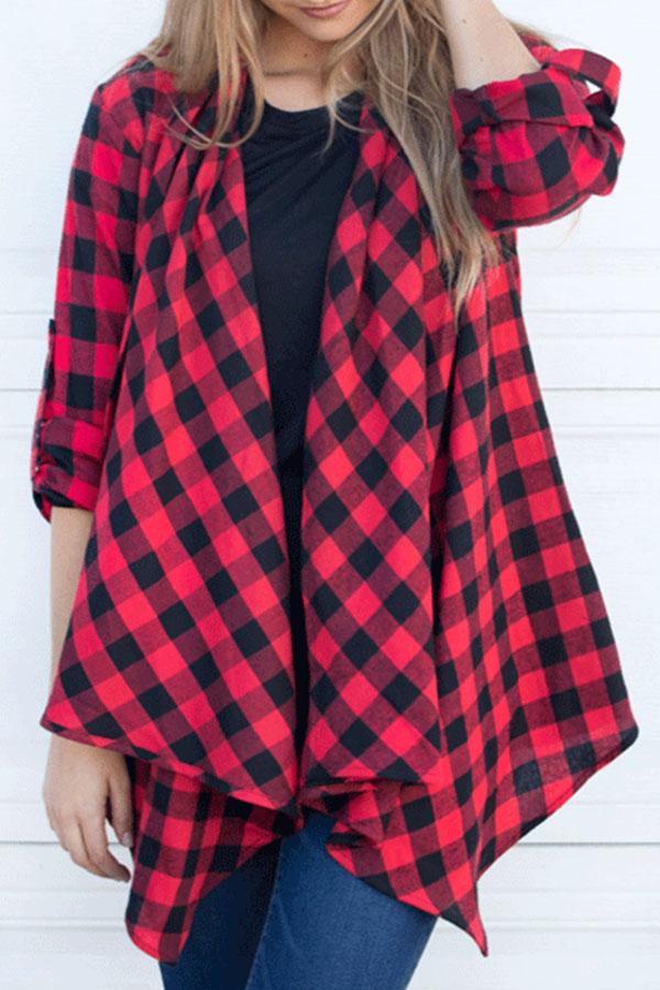 Plaid Long Sleeve Irregular Cardigan Outwear