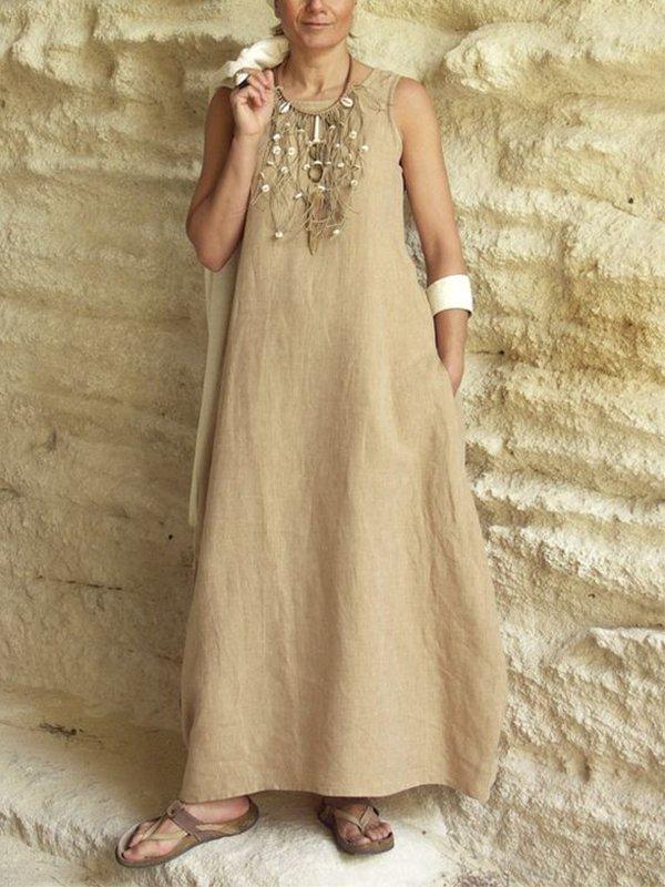 Casual Sleeveless Round Neck Solid Maxi Dress With Pockets