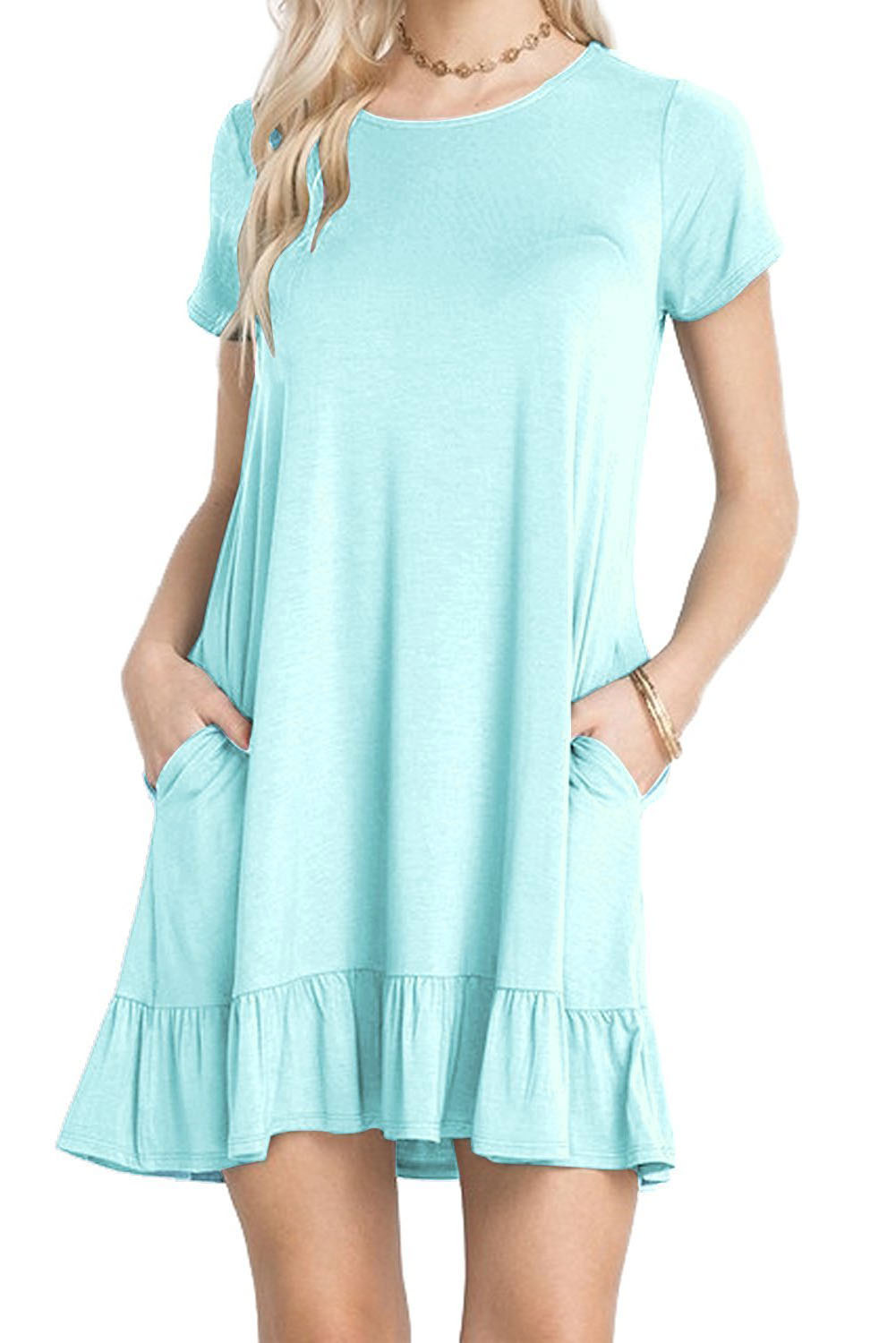 Baby Blue Short Sleeve Draped Hemline Casual Shirt Dress