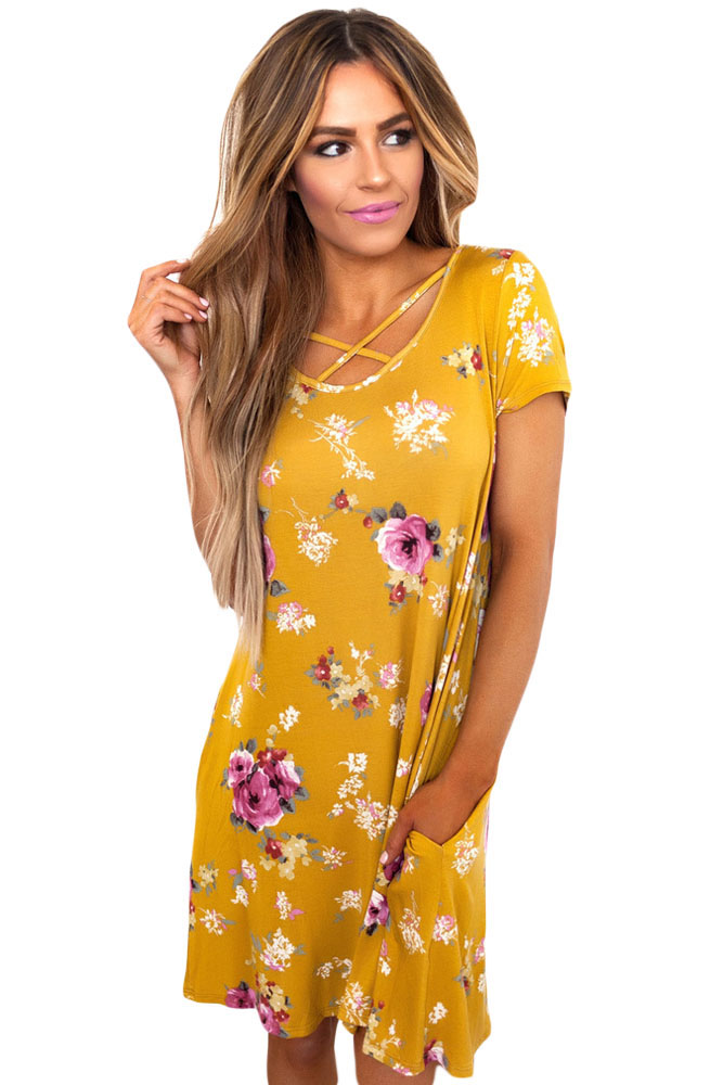 Yellow Cross Strap Neck Summer Floral Dress