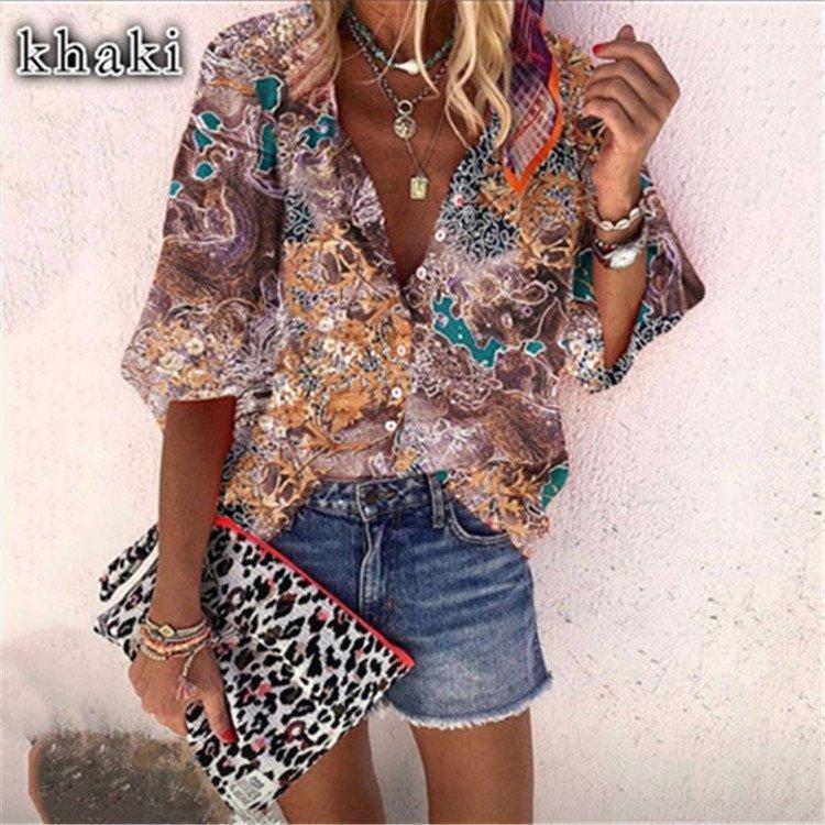 Boho 3/4 Sleeve Printed Shirts & Tops