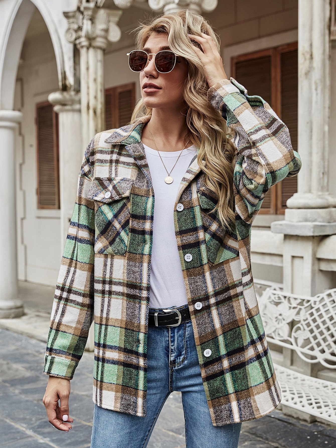 Plaid Front Pocket Pearl Button Up Shirt Jacket