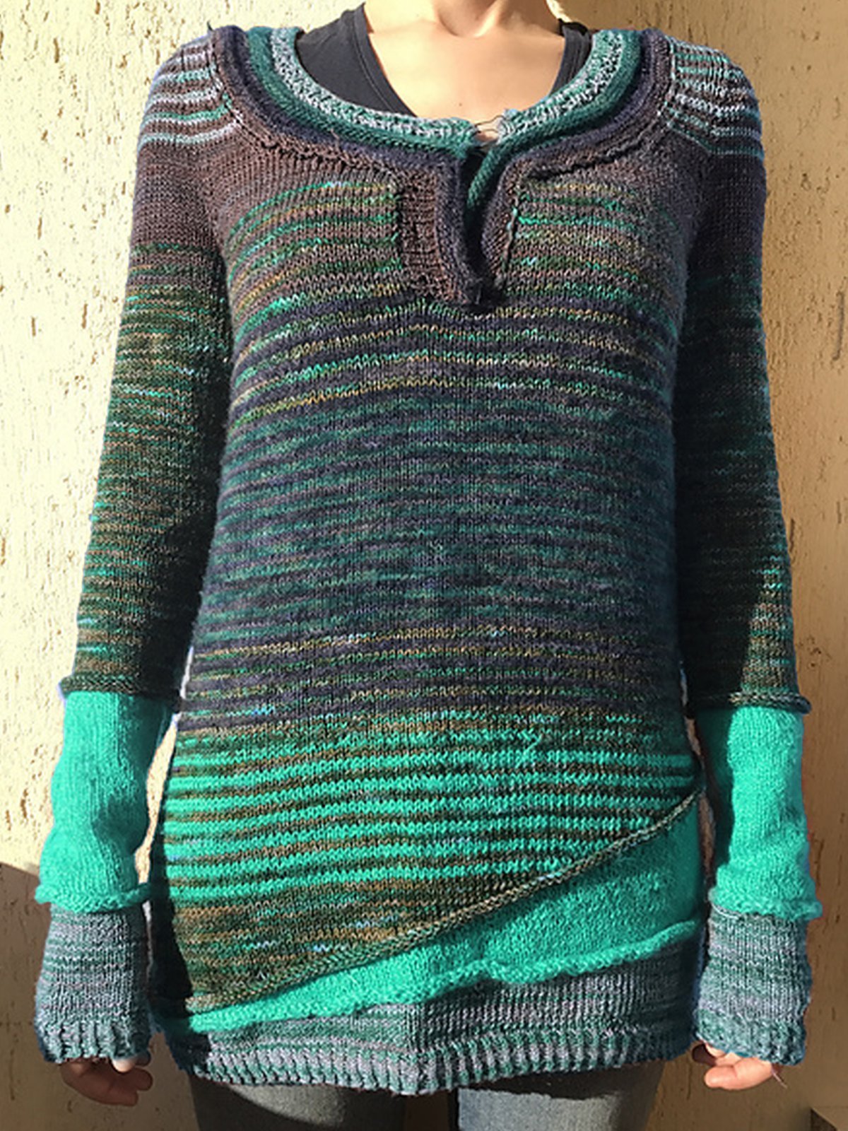 Mottled Striped Paneled Long Sleeve Women's Sweaters