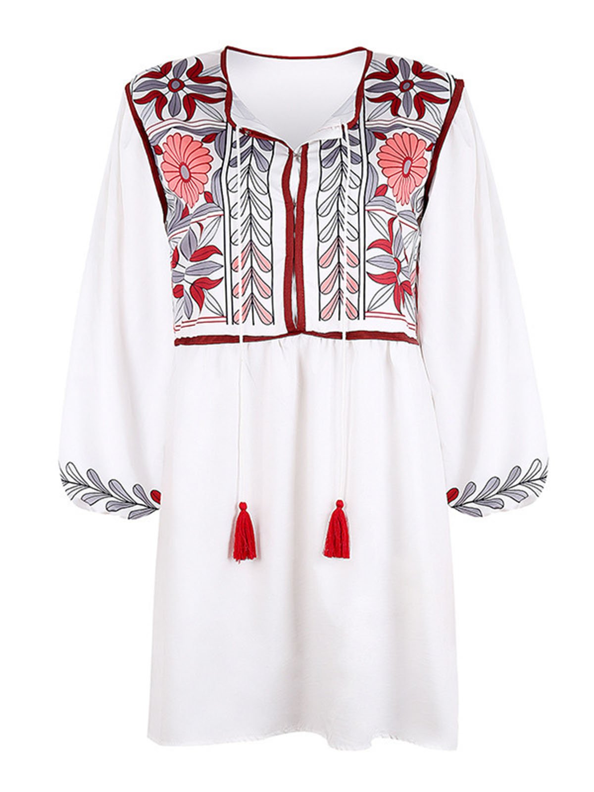 White Holiday Casual Boho Floral Printed A-Line V Neck 3/4 Sleeve Dresses