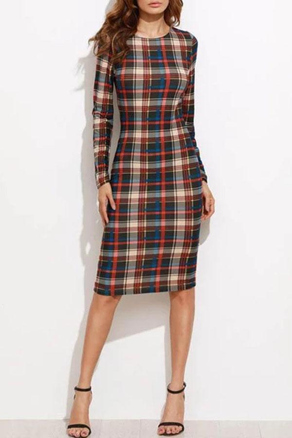 Round Collar Lattice Long Sleeve Package Hip Bodycon Dress