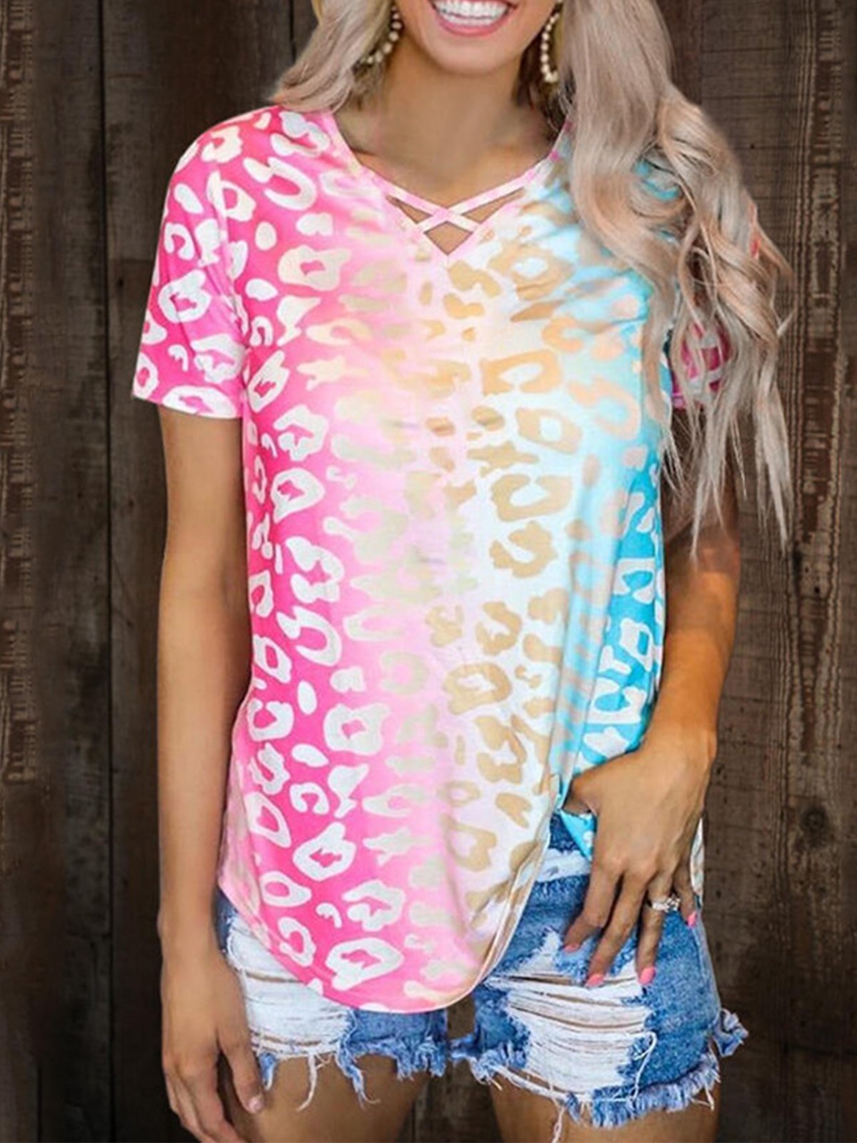 As Picture V Neck Casual Short Sleeve Tops