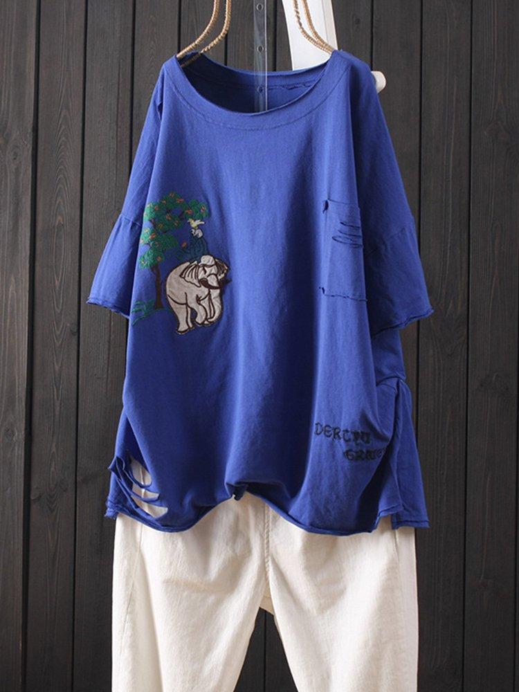 Round Neck Casual Cotton-Blend Shirts & Tops