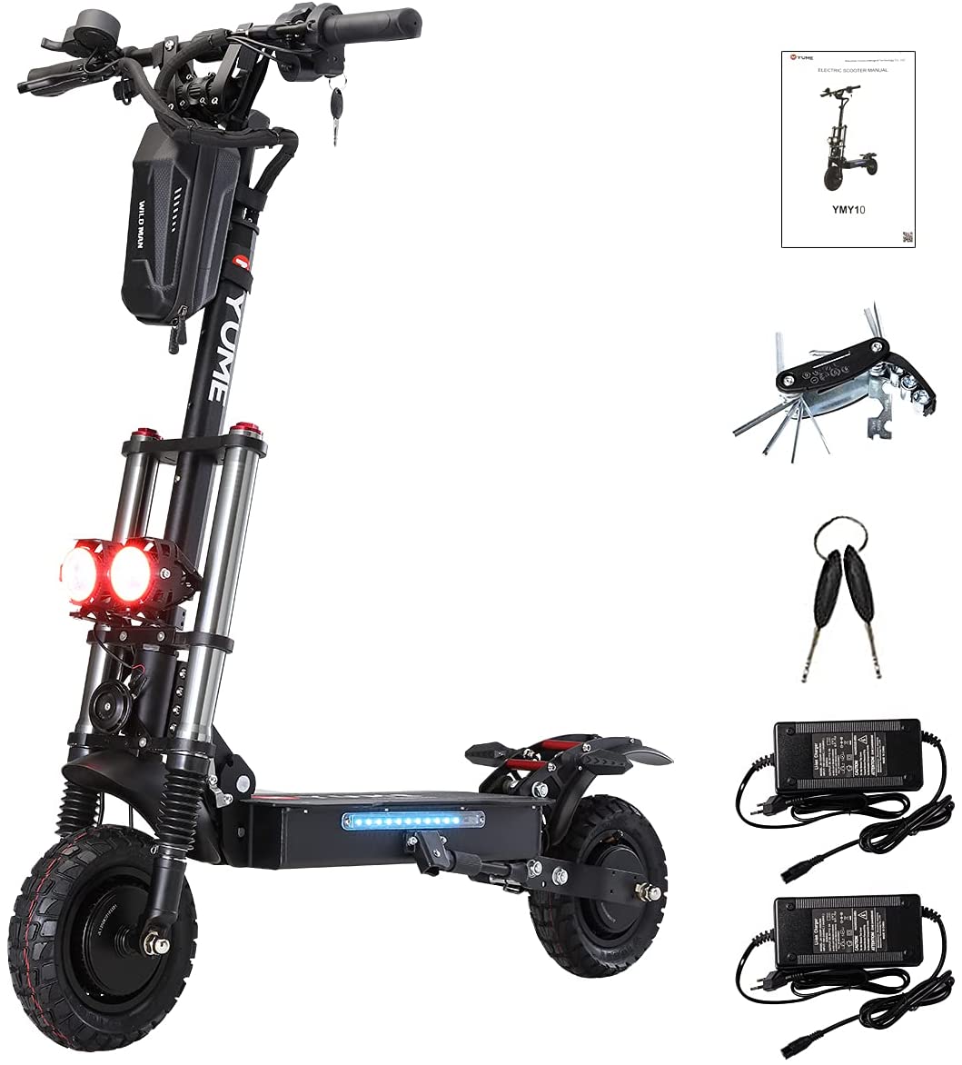 Yume Y10 Adult Electric Scooter Double Suspensions Dual Motor 23.4AH Battery 52V 2400W up to 40 MPH 40 Miles Fast Sports Scooter 10  Off Road Tires 265lbs Max Loading Foldable Escooter
