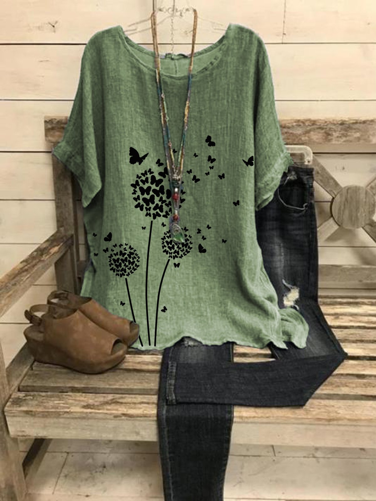 Casual vintage dandelion printed loose top