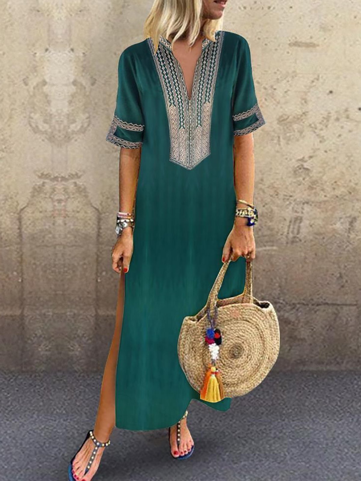 Women Daily Statement Half Sleeve Slit Solid Summer Dress