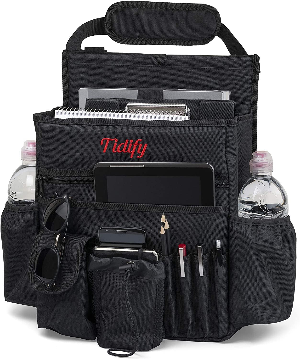 Front Seat Organizer with Dedicated Tablet/Laptop Storage, Stabilizing Side Straps, Soft Adjustable Shoulder Strap and Hardened Buckles