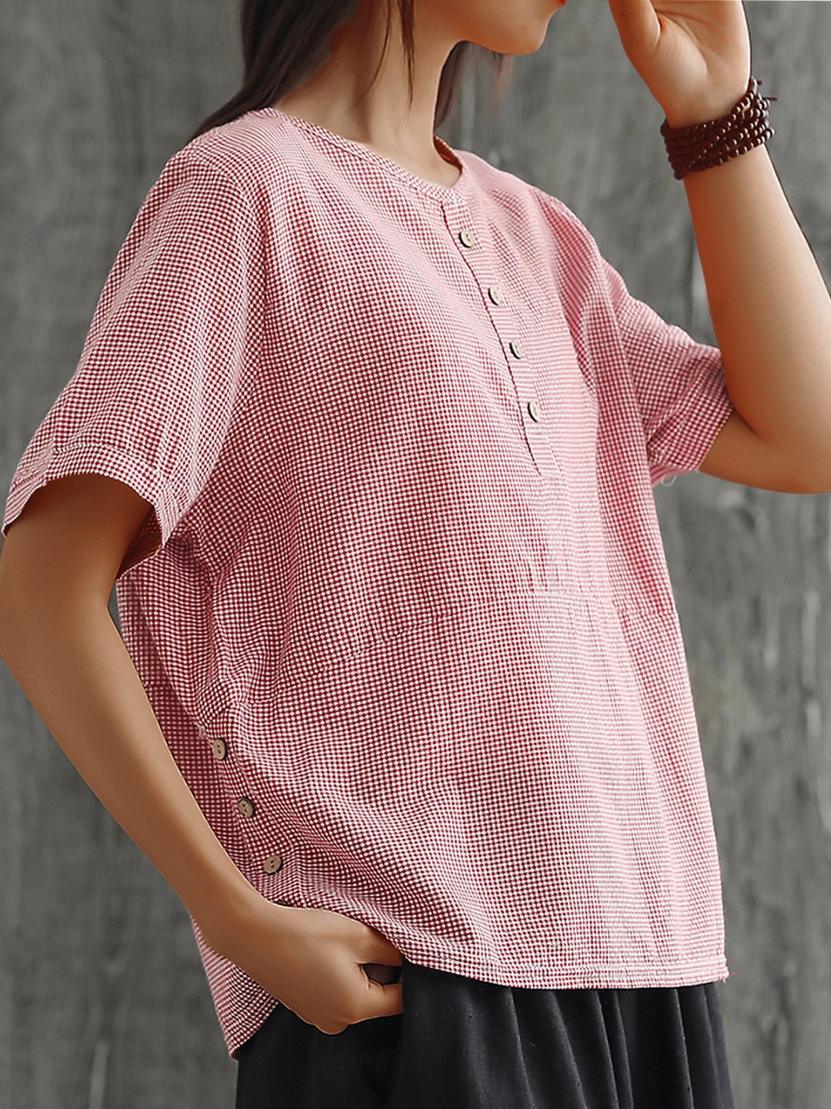 Plus Size Women Round Neck Short Sleeve Plaid Cotton And Linen Loose Casual Top