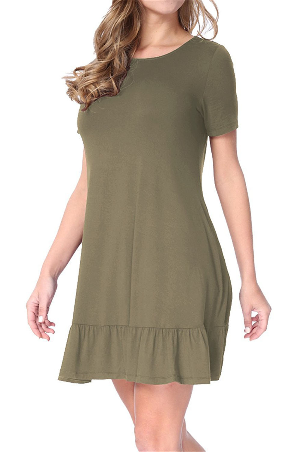 Army Green Short Sleeve Draped Hemline Casual Shirt Dress