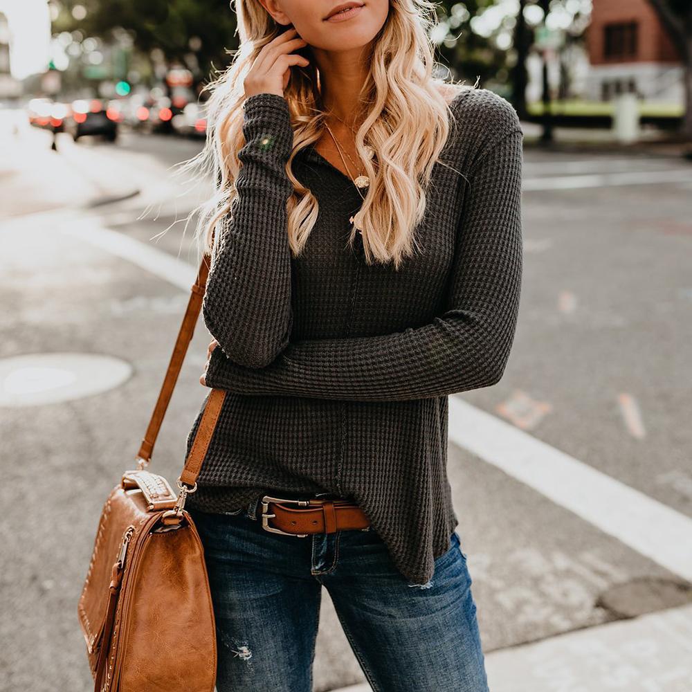 2020 Autumn Plain V-Neck Long Sleeve Slim Sweater