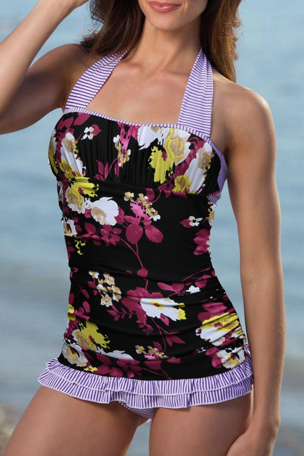 紫色挂脖花卉印花条纹拼接保守泳装两件套