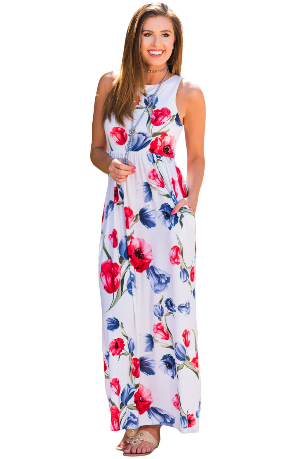 White Blossom Print Sleeveless Long Boho Dress