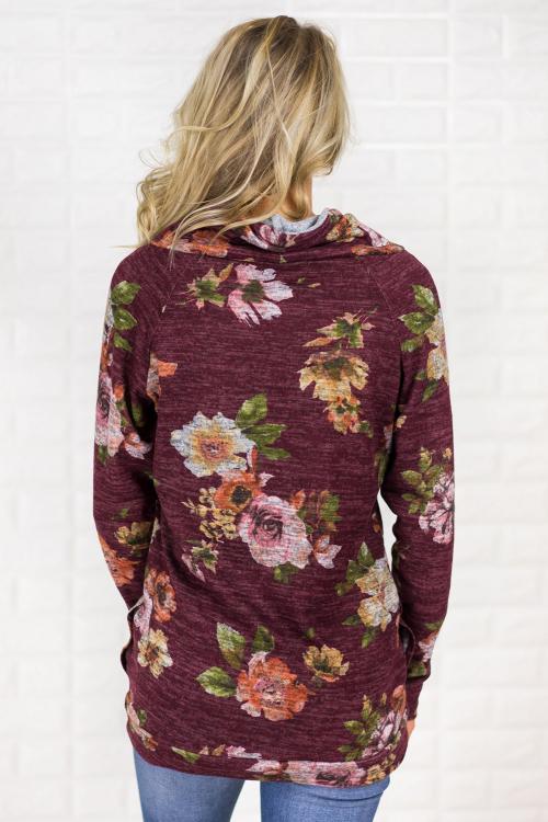Red Floral Cowl Neck Sweatshirt