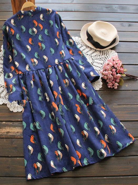 Long Sleeve Women Printed casual corduroy Dress