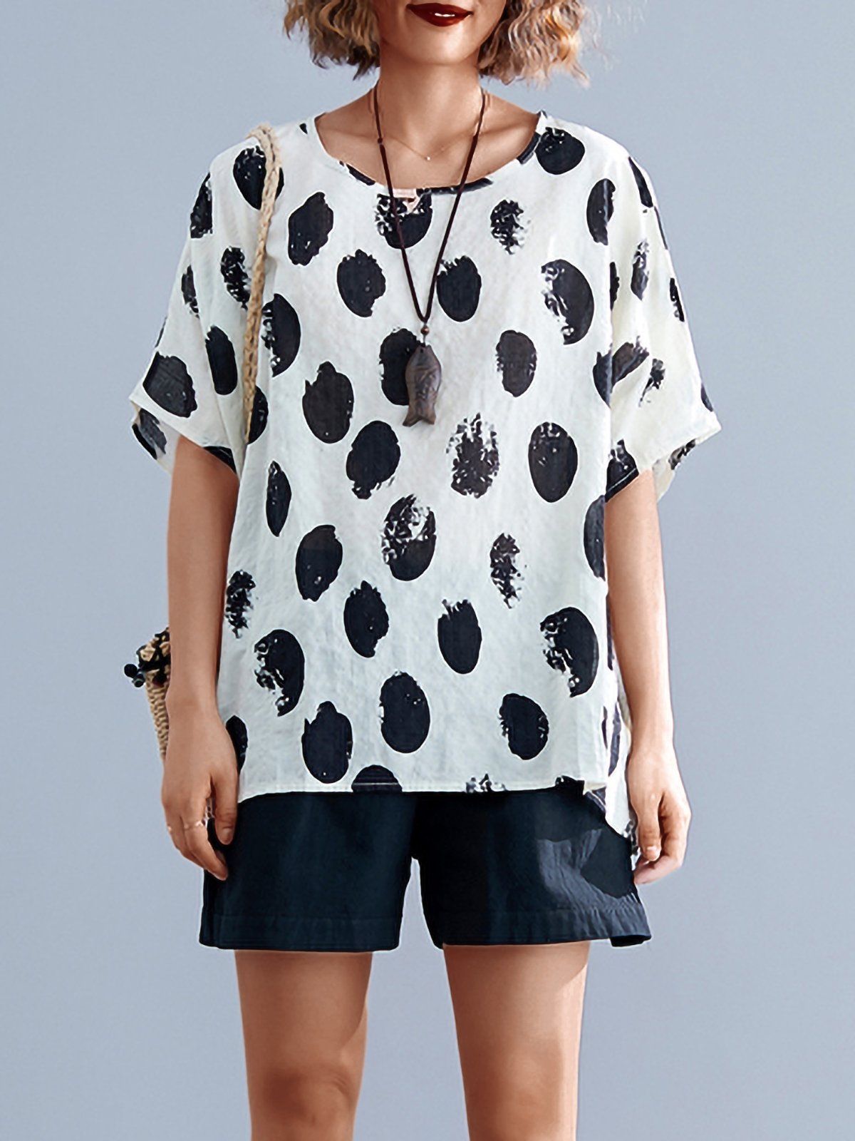 Plus Size Women Short Sleeve Round Neck Vintage Polka Dots Floral Casual Tops