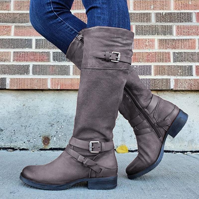 Women Plus Size Riding Boots Zipper Low Heel Faux Leather Boots