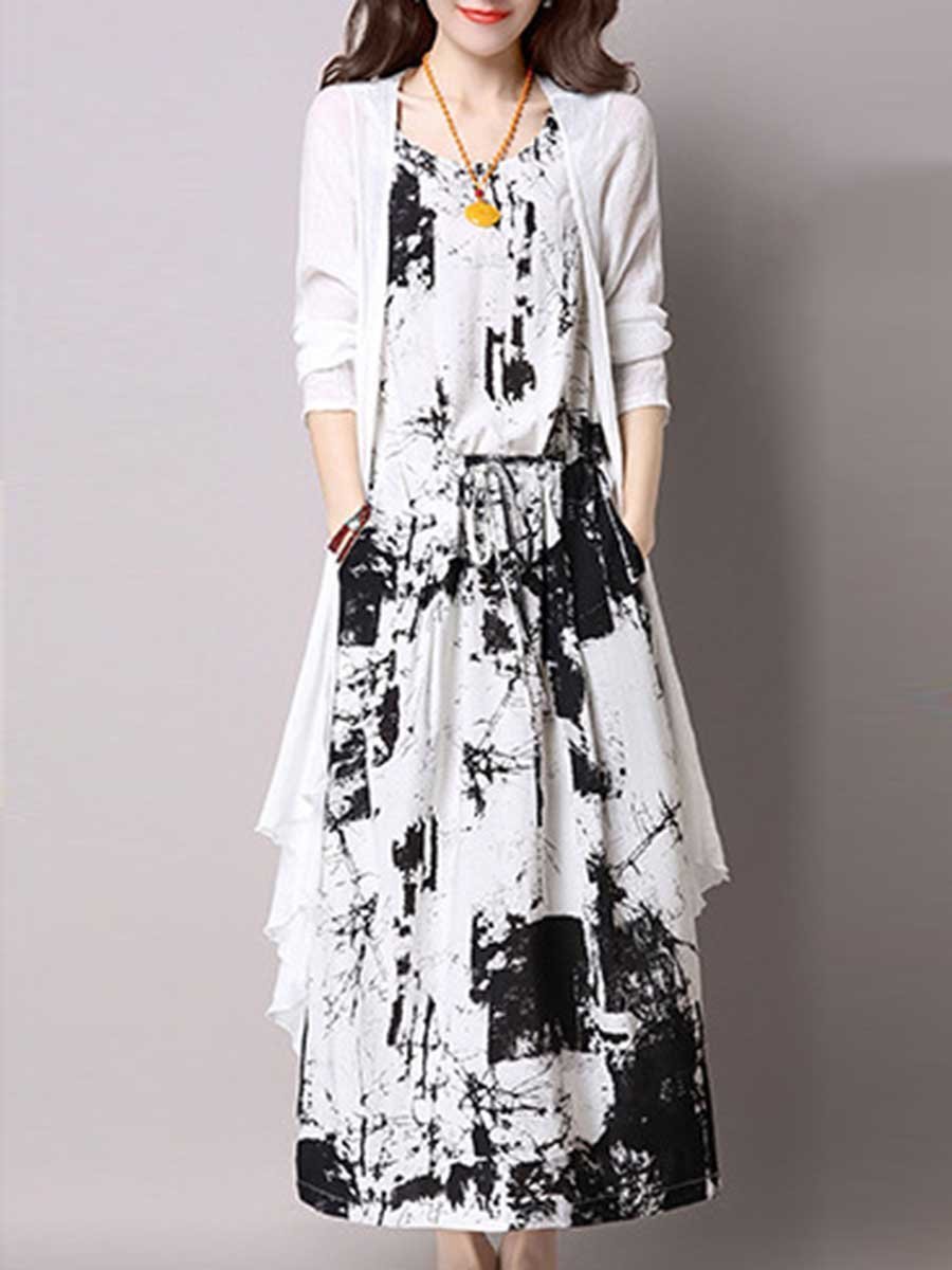 Casual Drawstring Printed Two-Piece Maxi Plus Size Dress